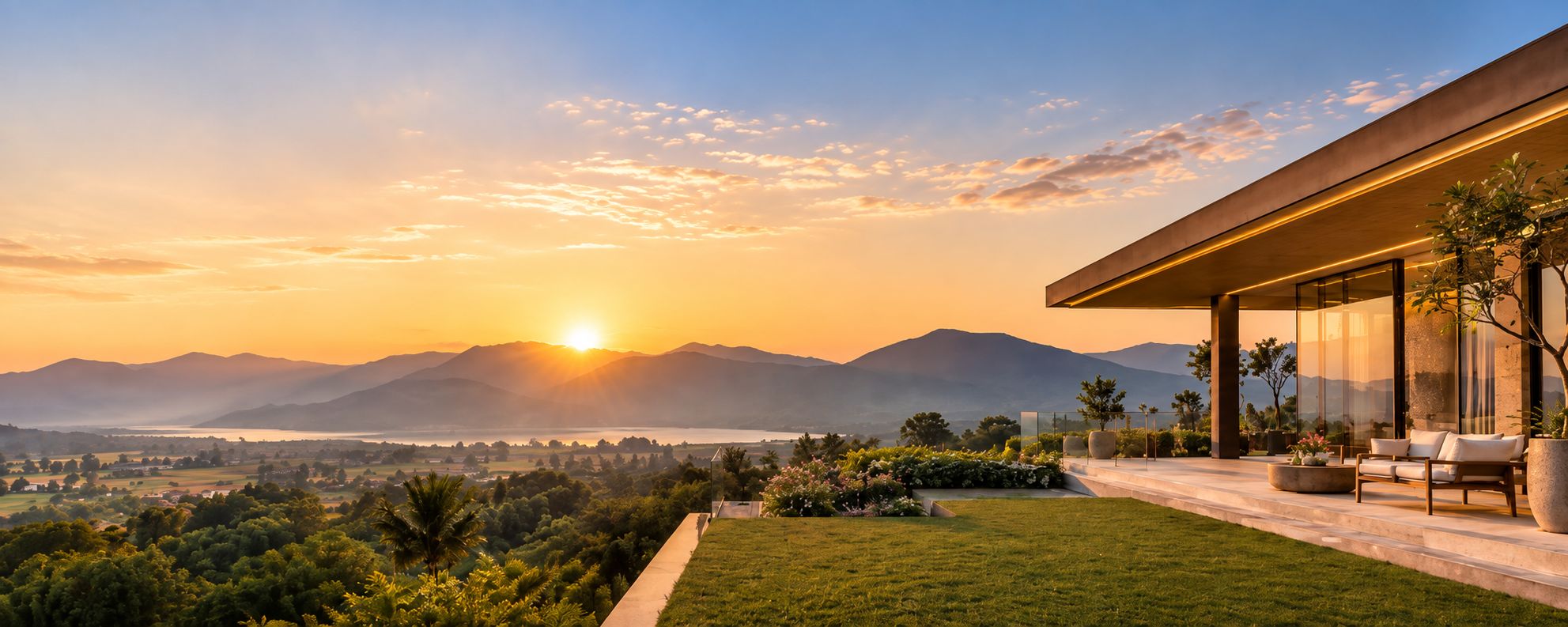 Hillside residence overlooking mountains at sunset