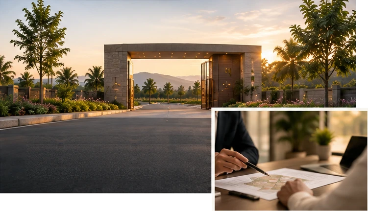 Gated entrance at sunset beside an advisor reviewing a site plan with a client