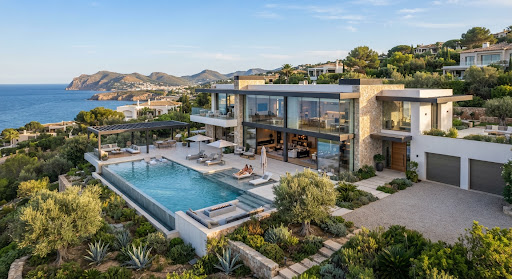 Modern villa with a pool overlooking the coast