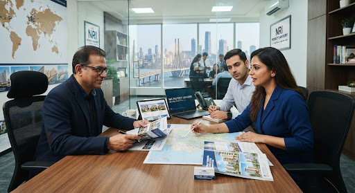 Advisors reviewing property documents with NRI clients